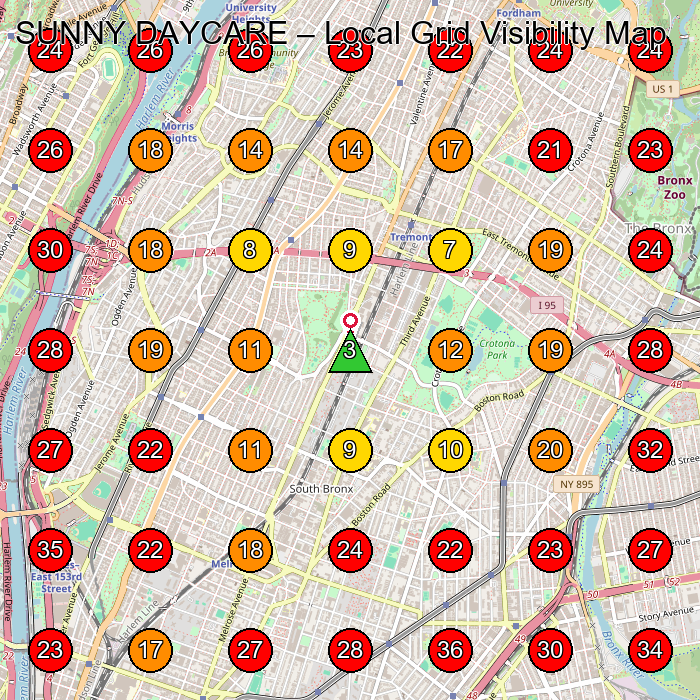 SUNNY DAYCARE GeoGrid visibility map for Day Care Center in Bronx
